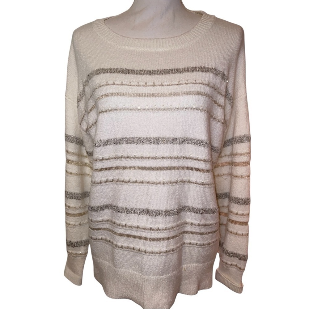 LIZ CLAIBORNE Crew Neck Cotton Blend Sweater in Cream, Gold & Silver Size Large